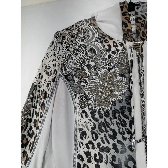 Joseph Ribkoff Leopard Print‎ Lace Embellished Zip Front Hooded Jacket Women 12 - Picture 6 of 10